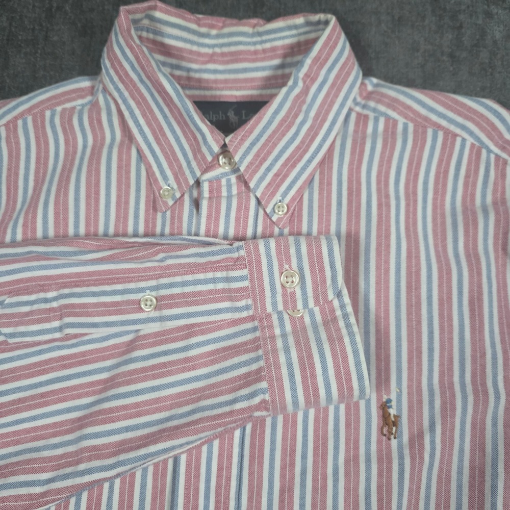 Vtg Ralph Lauren Mens Classic Fit Striped Oxford OCBD Shirt Red Blue 16 34/35